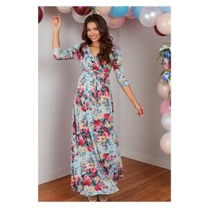 Pinkblush Blue Teal Floral Surplice Bodice Maternity Nursing Maxi Dress Sz.L NWT